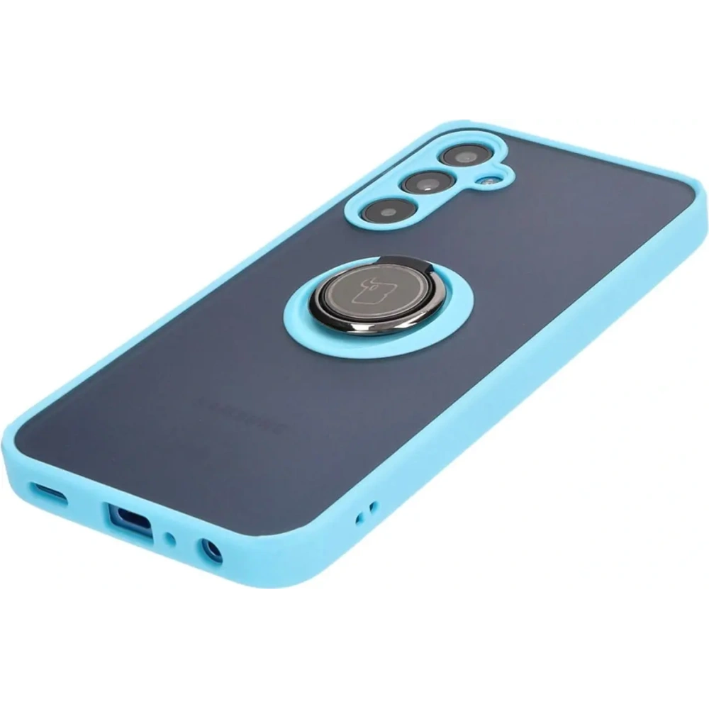 Etui z uchwytem na palec Bizon Case Hybrid Ring do Samsung Galaxy A25 5G przydymione z jasnoniebieską ramką