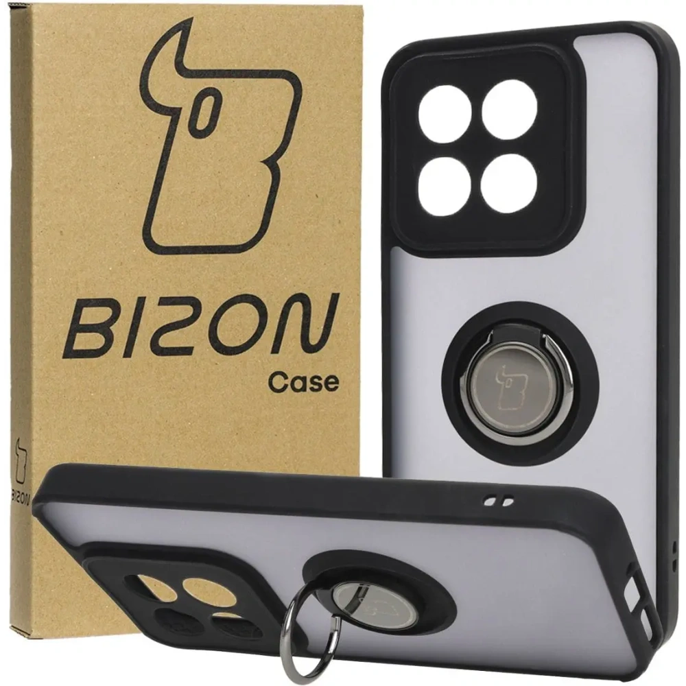 Etui z uchwytem na palec Bizon Case Hybrid Ring do Xiaomi 14 przydymione z czarną ramką