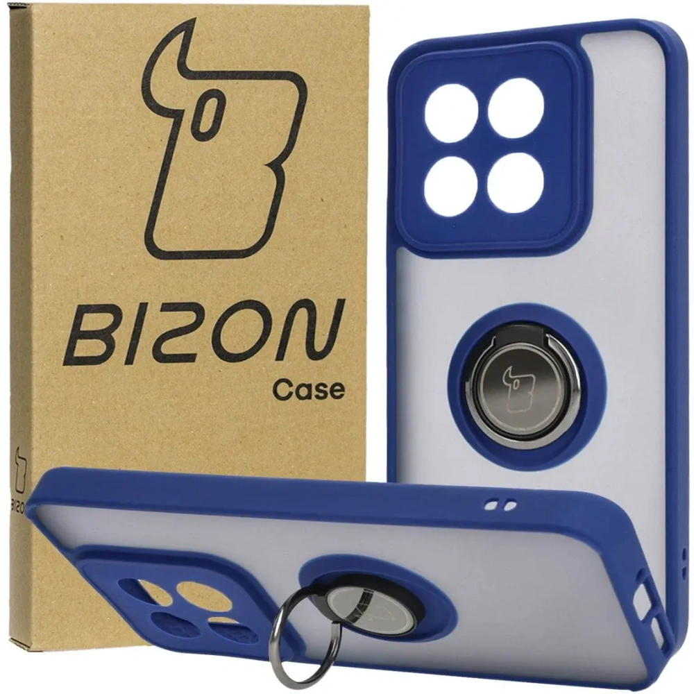Etui z uchwytem na palec Bizon Case Hybrid Ring do Xiaomi 14 przydymione z granatową ramką