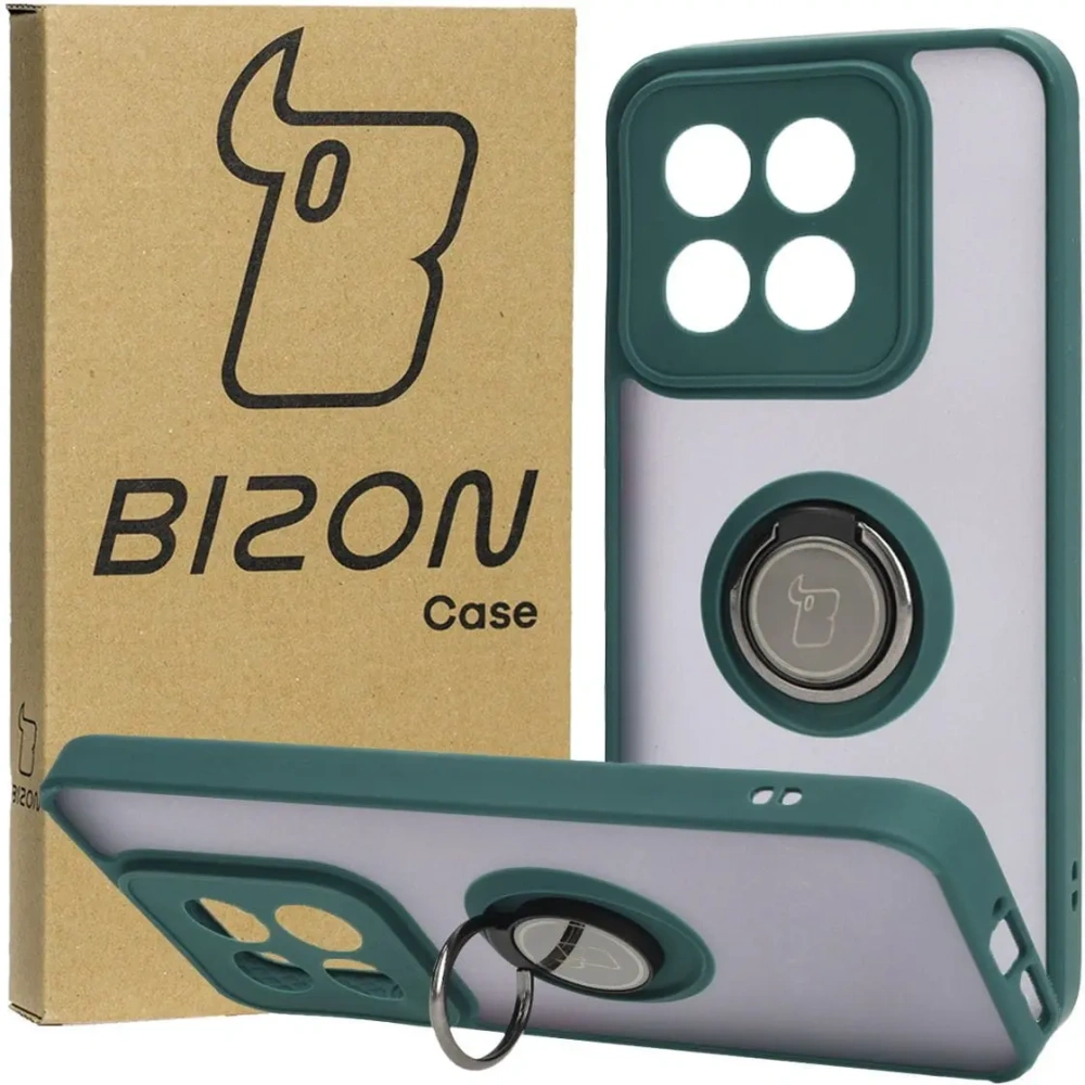 Etui z uchwytem na palec Bizon Case Hybrid Ring do Xiaomi 14 przydymione z ciemnozieloną ramką