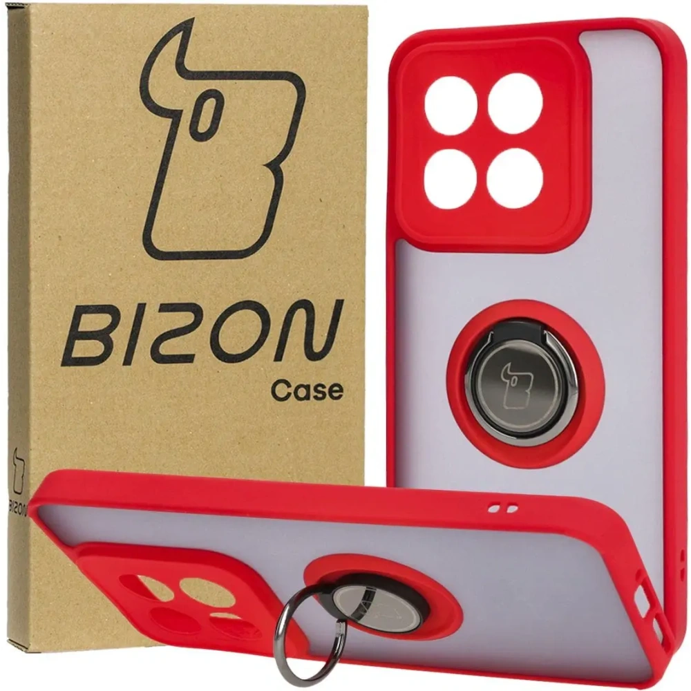 Etui z uchwytem na palec Bizon Case Hybrid Ring do Xiaomi 14 przydymione z czerwoną ramką