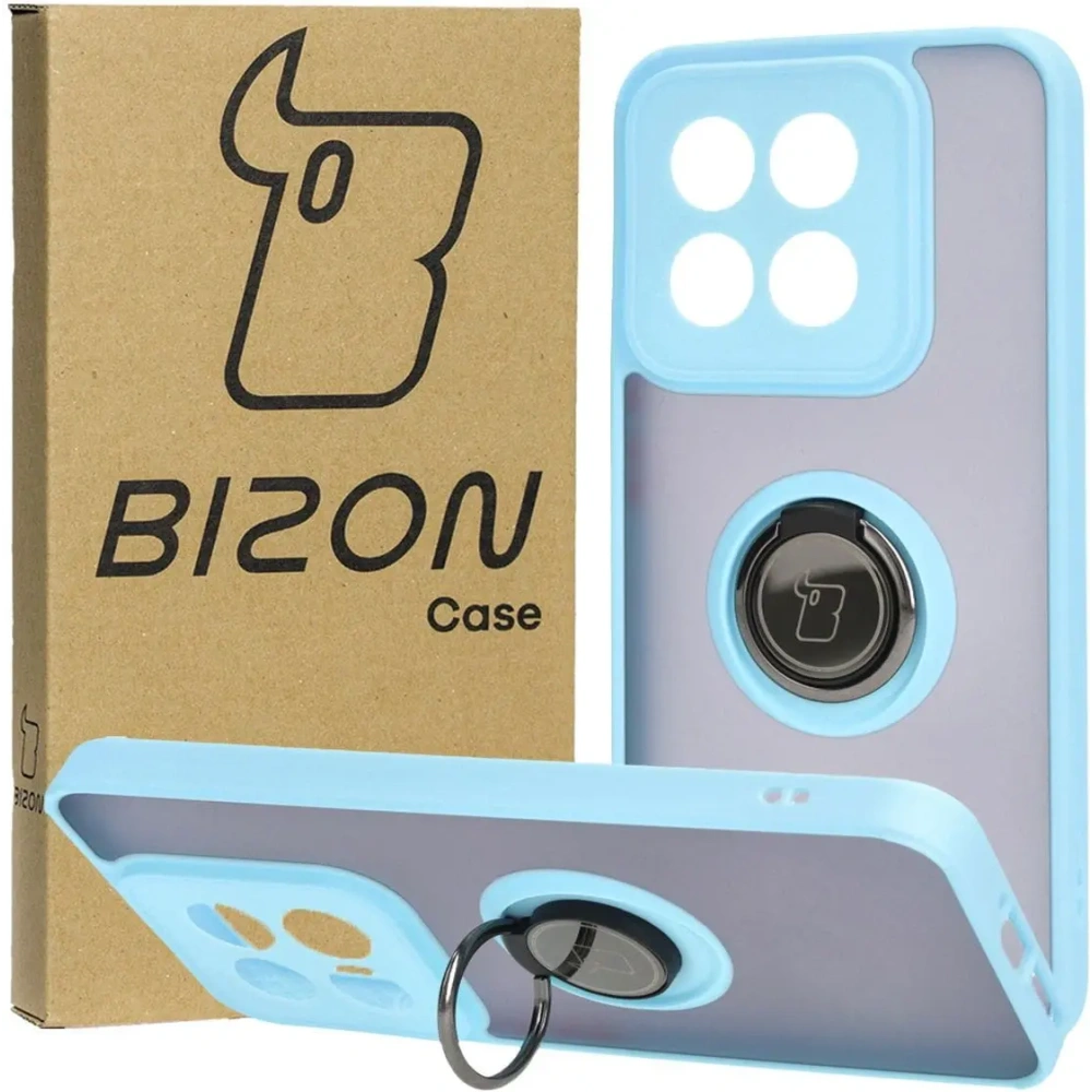 Etui z uchwytem na palec Bizon Case Hybrid Ring do Xiaomi 14 przydymione z jasnoniebieską ramką
