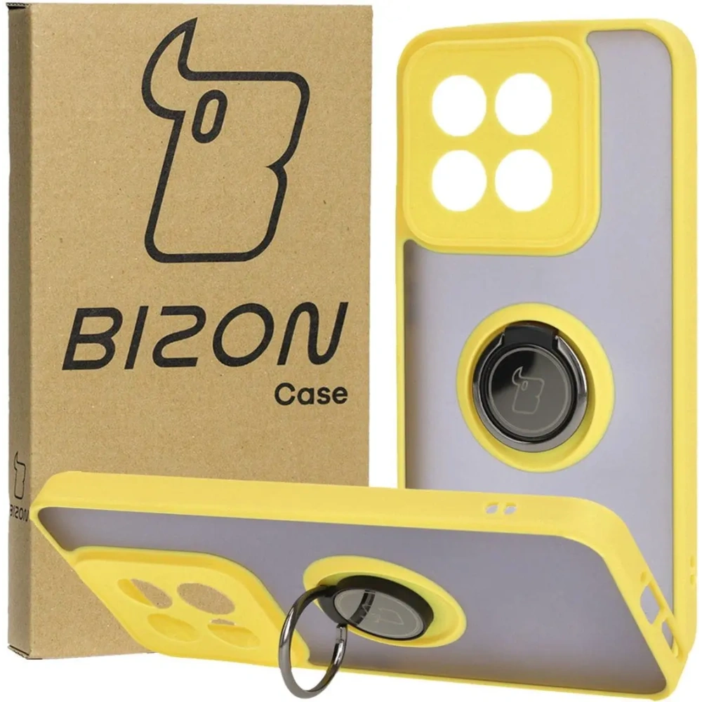 Etui z uchwytem na palec Bizon Case Hybrid Ring do Xiaomi 14 przydymione z żółtą ramką
