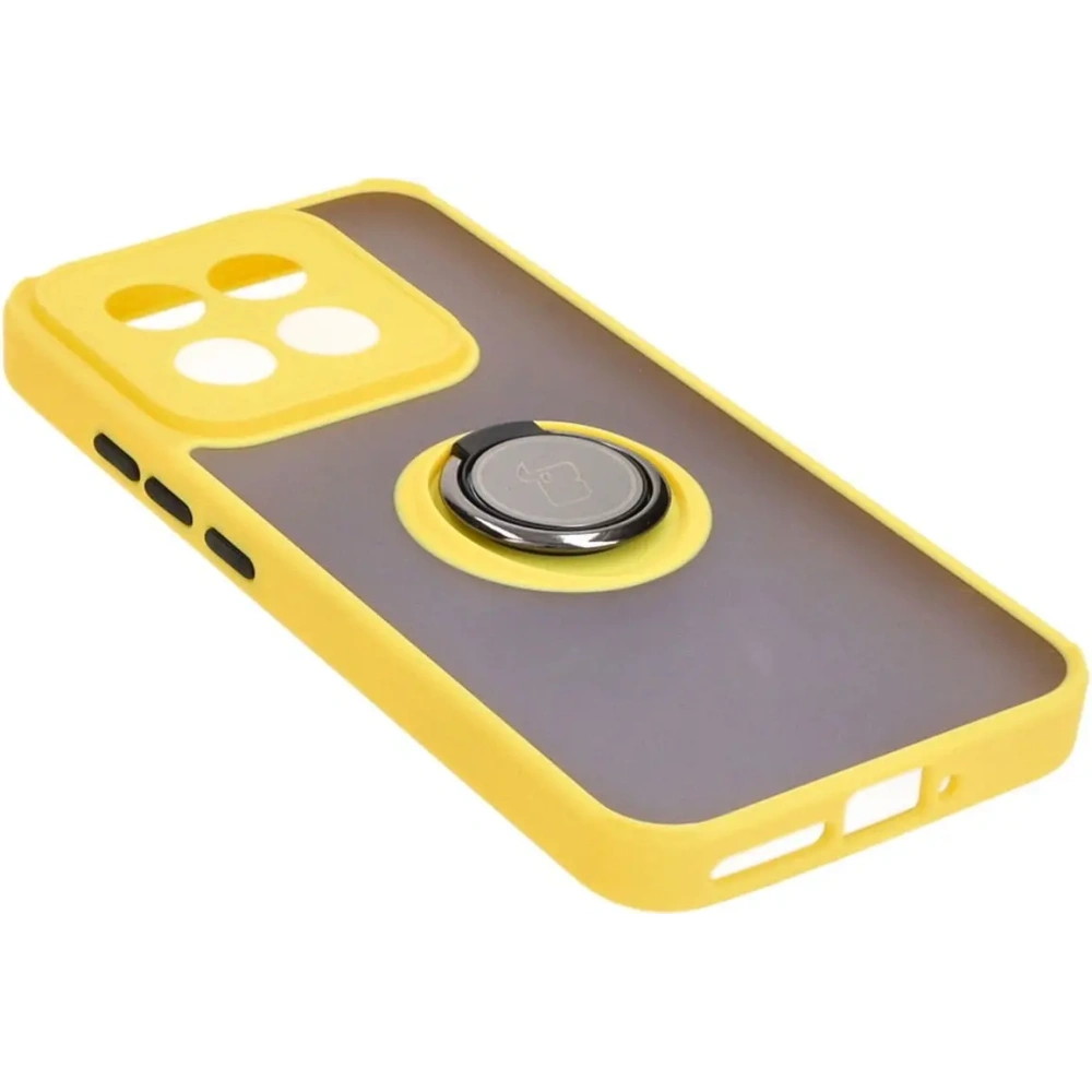 Etui z uchwytem na palec Bizon Case Hybrid Ring do Xiaomi 14 przydymione z żółtą ramką