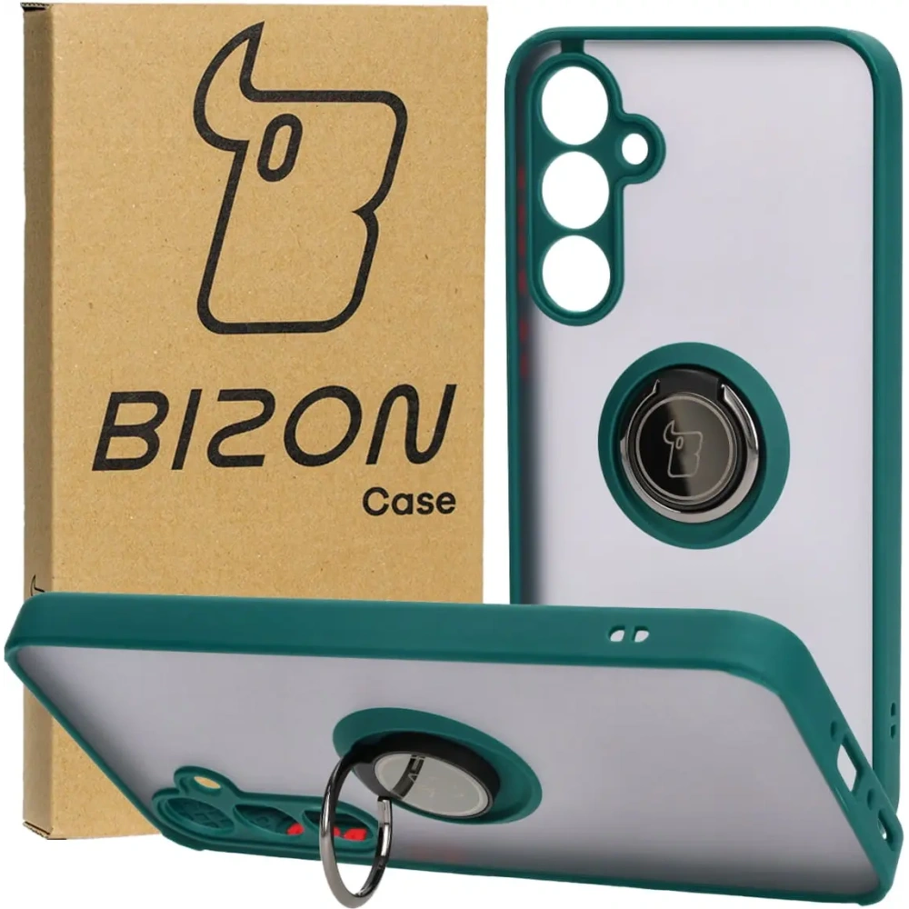 Etui z uchwytem na palec Bizon Case Hybrid Ring do Samsung Galaxy A35 5G przydymione z ciemnozieloną ramką