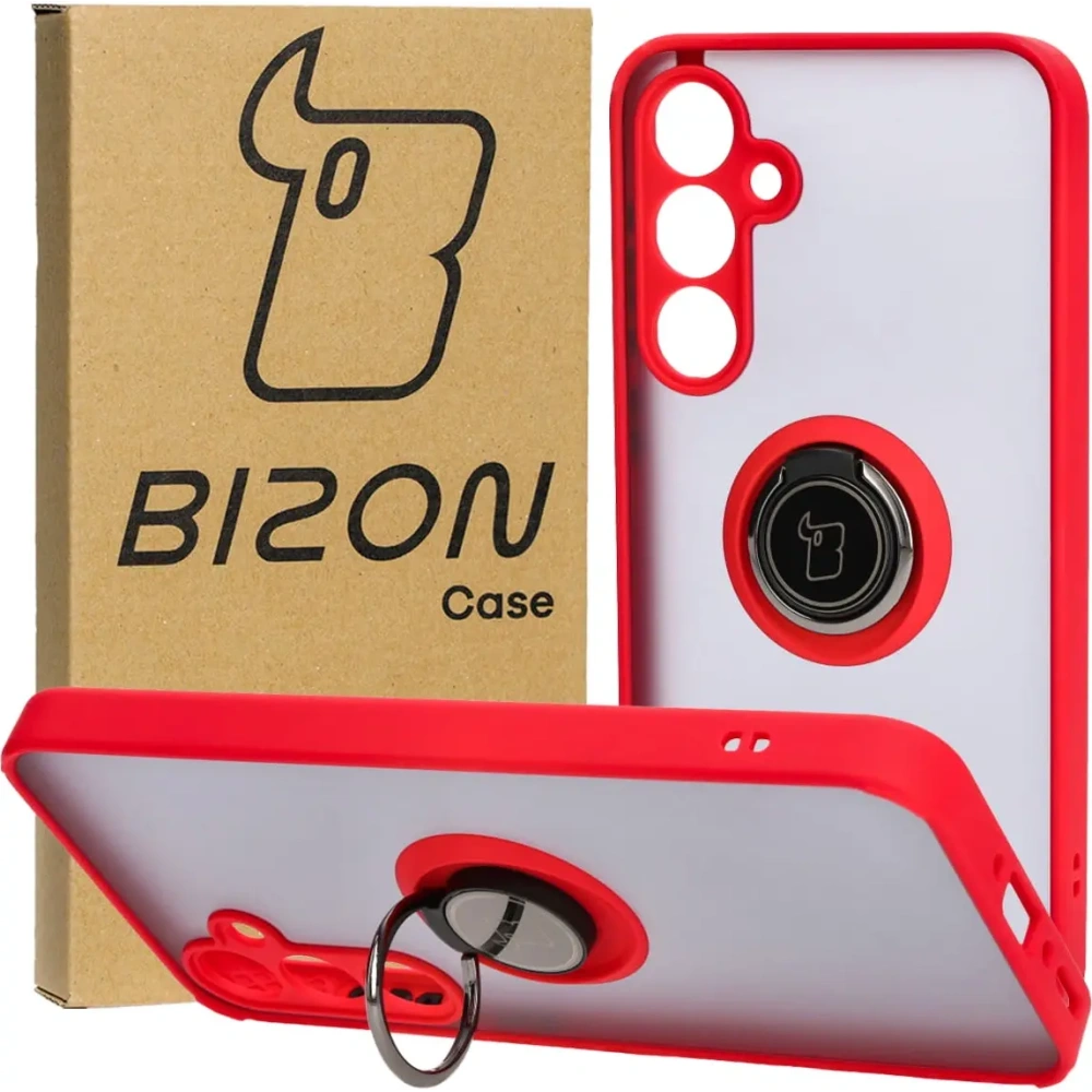 Etui z uchwytem na palec Bizon Case Hybrid Ring do Samsung Galaxy A35 5G przydymione z czerwoną ramką