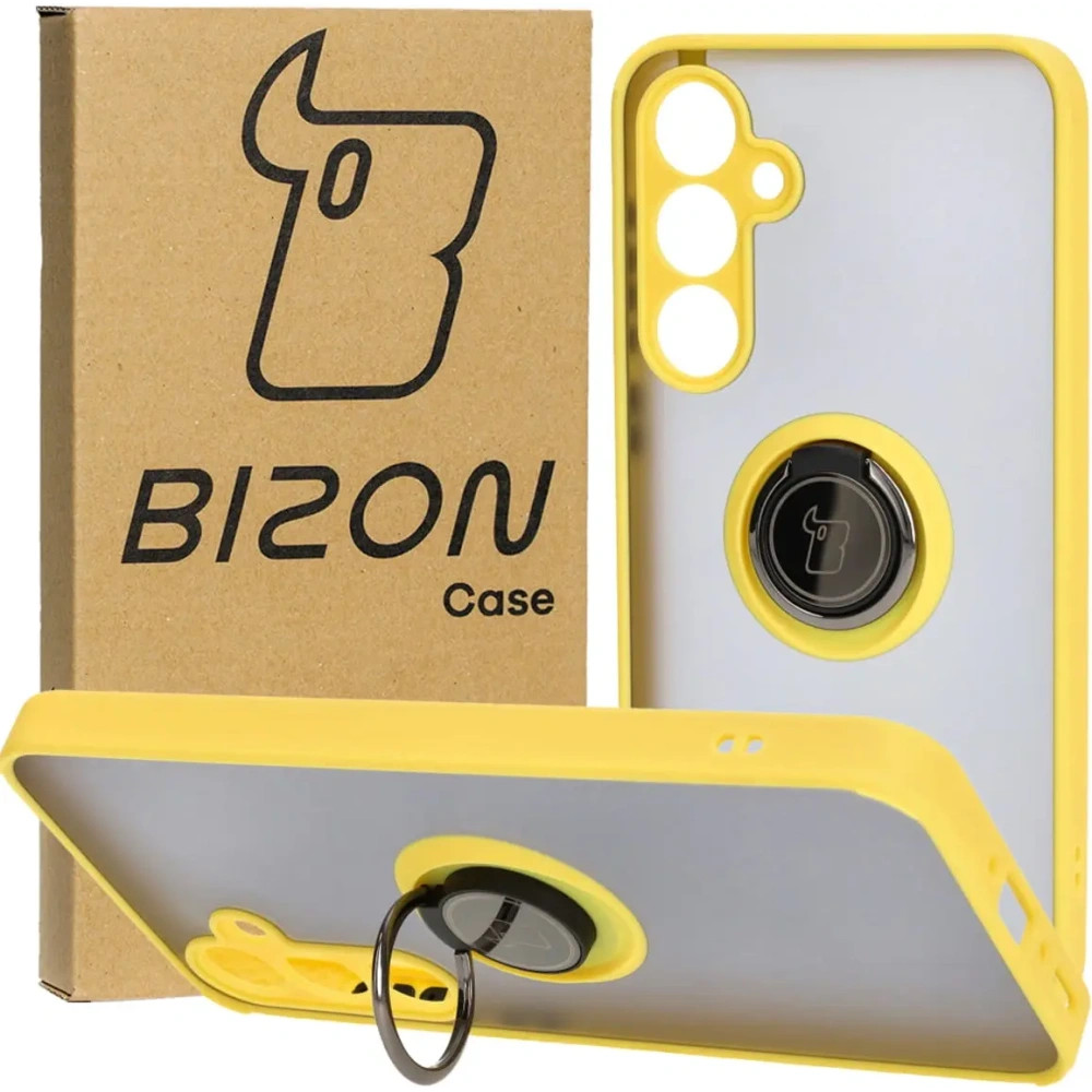 Etui z uchwytem na palec Bizon Case Hybrid Ring do Samsung Galaxy A35 5G przydymione z żółtą ramką