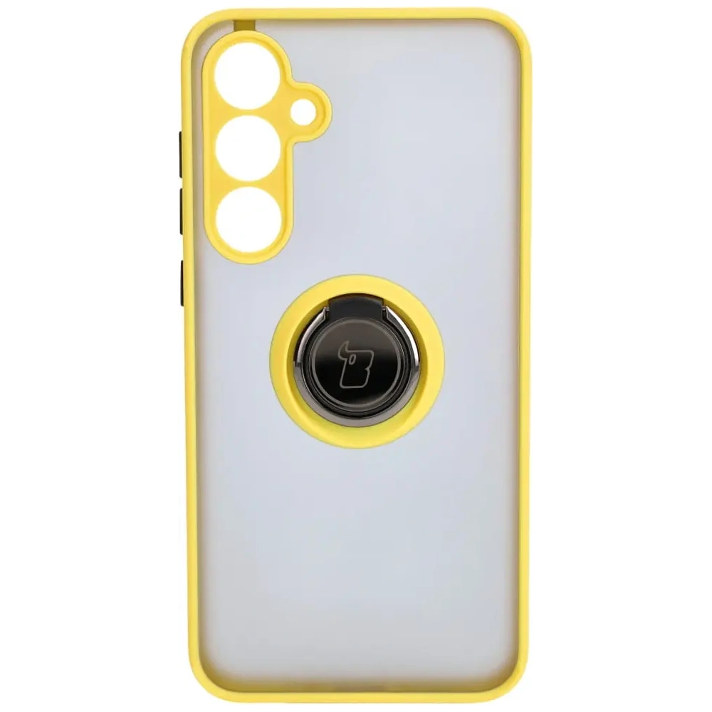 Etui z uchwytem na palec Bizon Case Hybrid Ring do Samsung Galaxy A35 5G przydymione z żółtą ramką