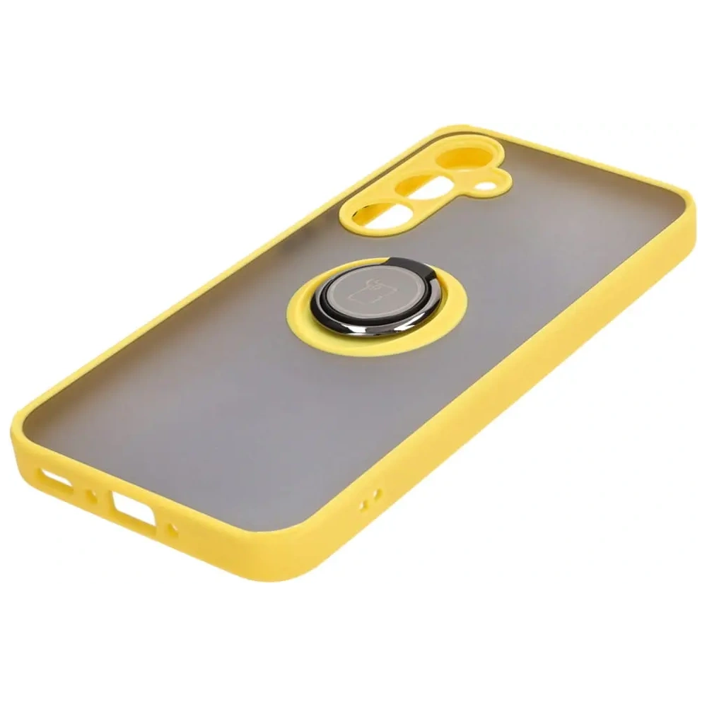 Etui z uchwytem na palec Bizon Case Hybrid Ring do Samsung Galaxy A35 5G przydymione z żółtą ramką