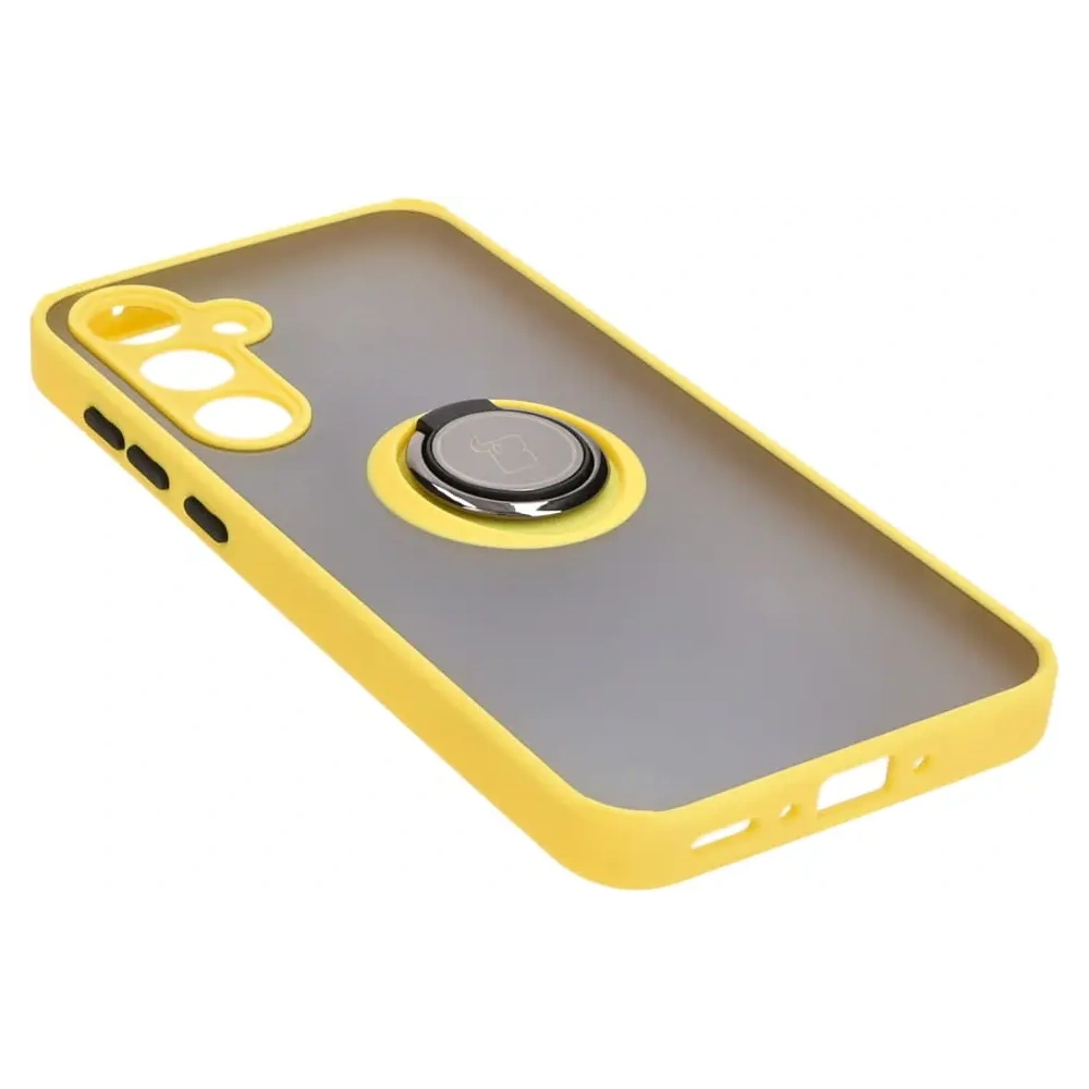 Etui z uchwytem na palec Bizon Case Hybrid Ring do Samsung Galaxy A35 5G przydymione z żółtą ramką