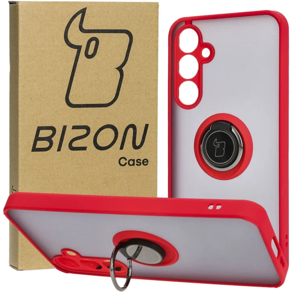 Etui z uchwytem na palec Bizon Case Hybrid Ring do Samsung Galaxy A55 5G przydymione z czerwoną ramką