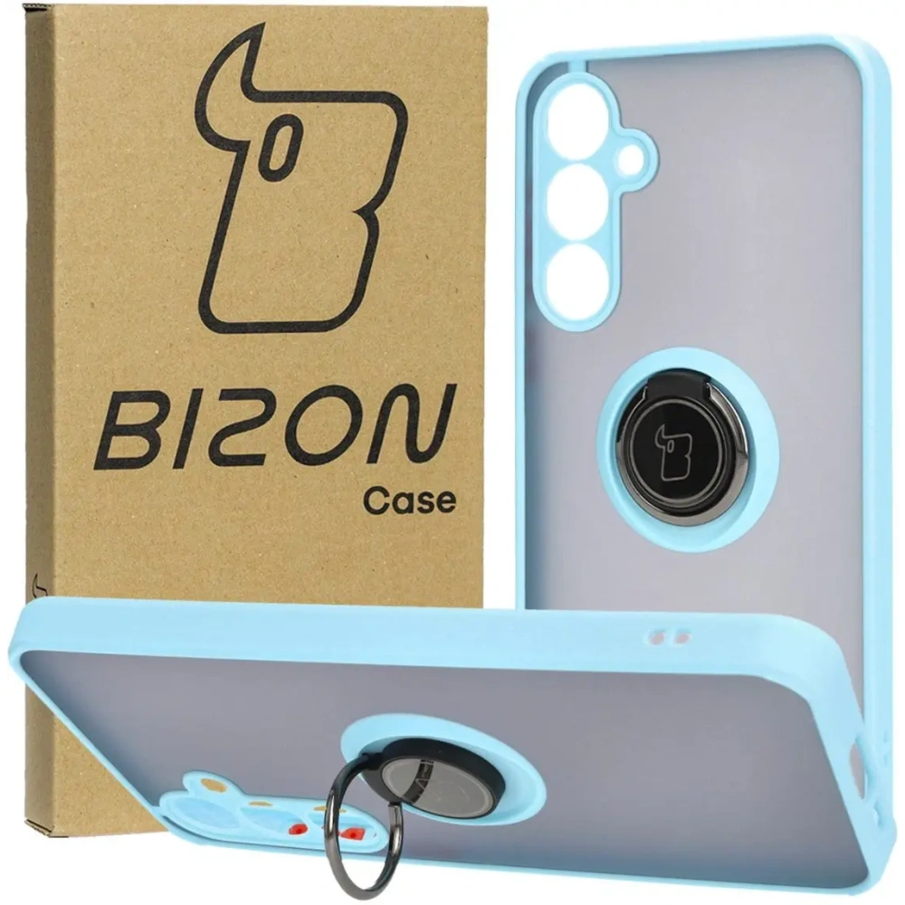 Etui z uchwytem na palec Bizon Case Hybrid Ring do Samsung Galaxy A55 5G przydymione z jasnoniebieską ramką