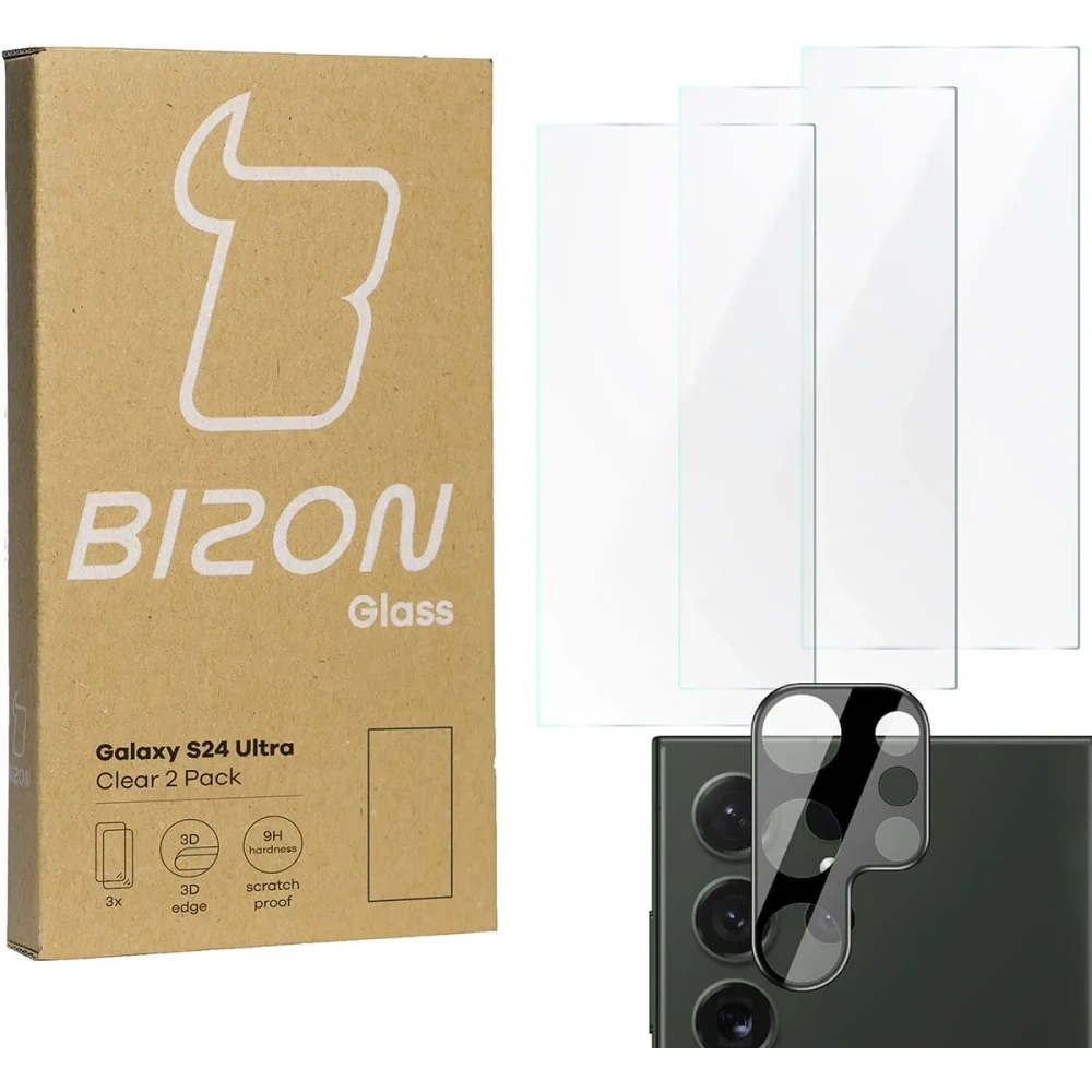 3x Szkło na ekran + szkło na aparat BIZON Clear do Samsung Galaxy S24 Ultra