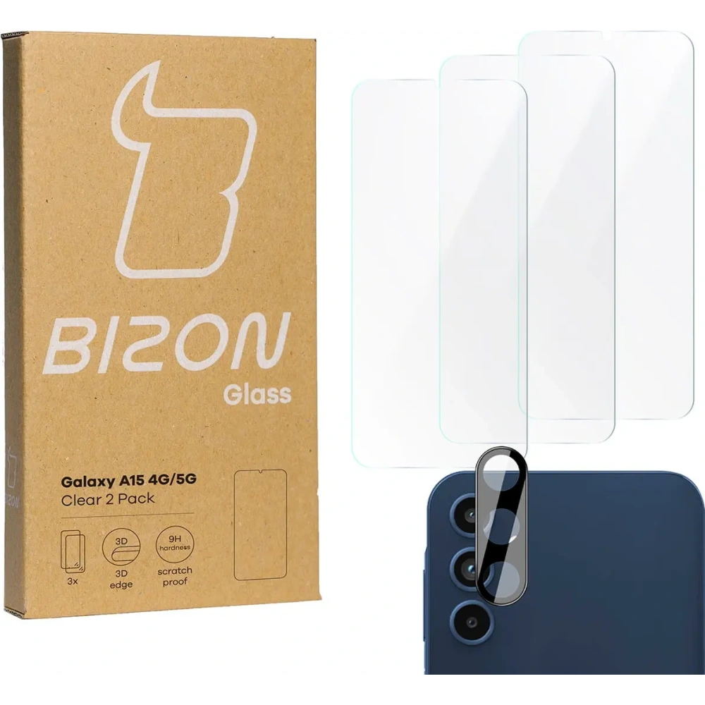 3x Szkło na ekran + szkło na aparat BIZON Clear do Samsung Galaxy A15 4G/5G