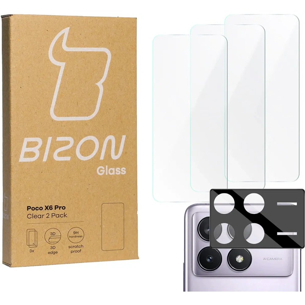 3x Szkło na ekran + szkło na aparat BIZON Clear do Xiaomi Poco X6 Pro