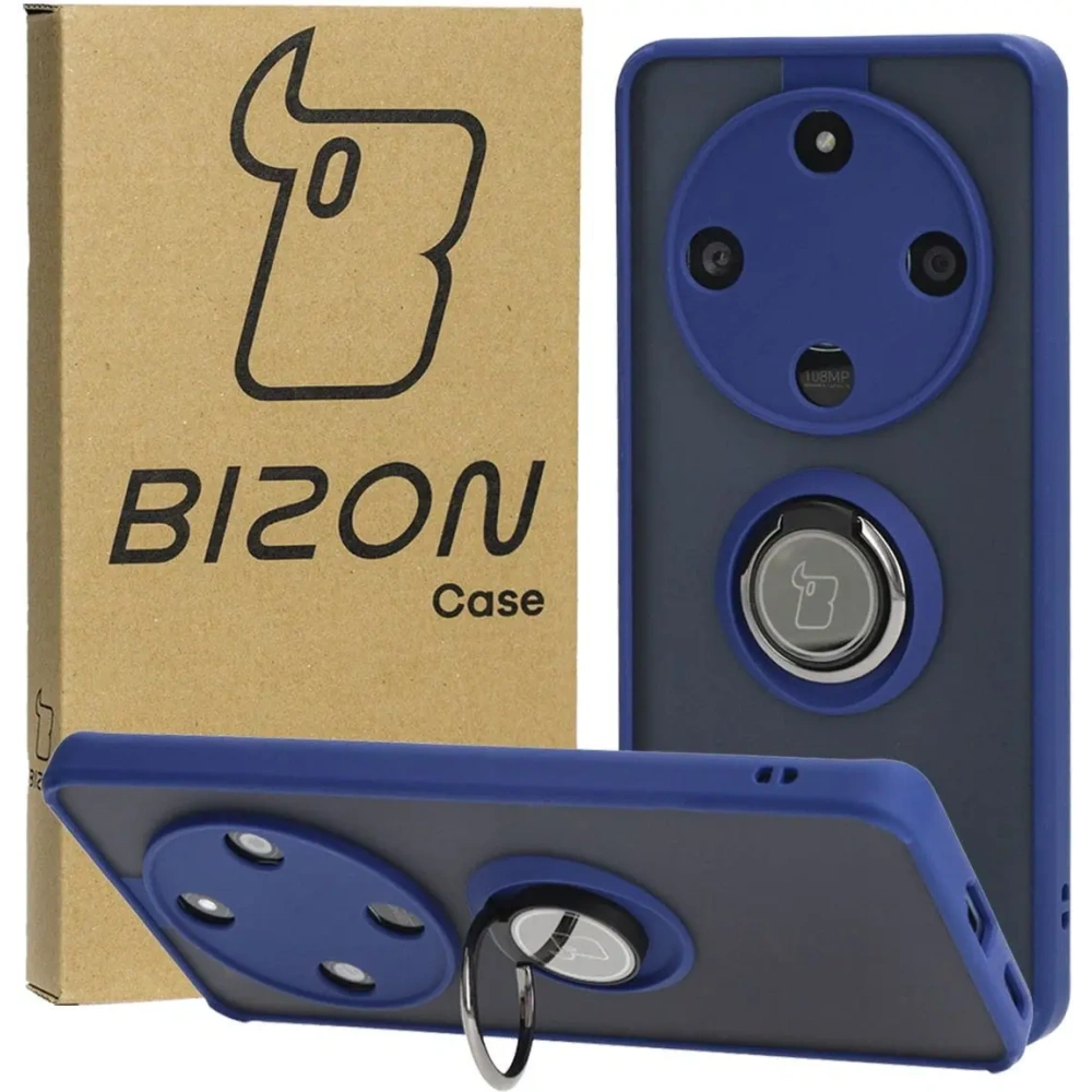 Etui z uchwytem na palec Bizon Case Hybrid Ring do Honor Magic6 Lite przydymione z granatową ramką