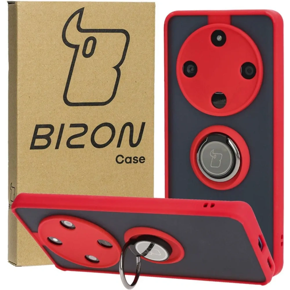 Etui z uchwytem na palec Bizon Case Hybrid Ring do Honor Magic6 Lite przydymione z czerwoną ramką