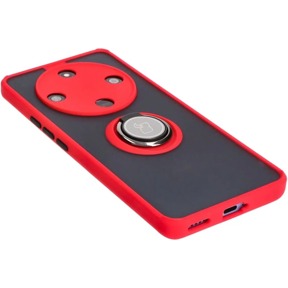 Etui z uchwytem na palec Bizon Case Hybrid Ring do Honor Magic6 Lite przydymione z czerwoną ramką