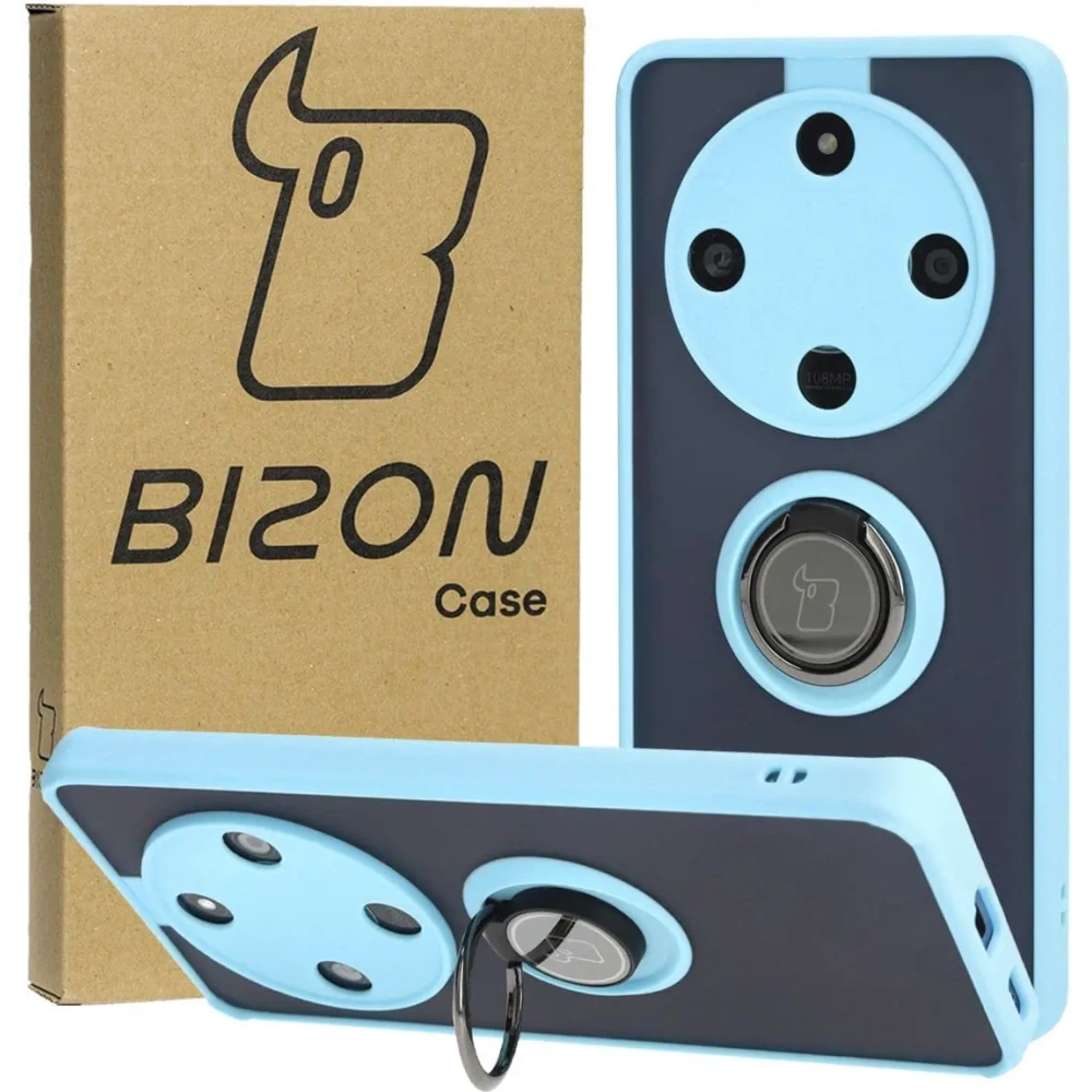 Etui z uchwytem na palec Bizon Case Hybrid Ring do Honor Magic6 Lite przydymione z jasnoniebieską ramką