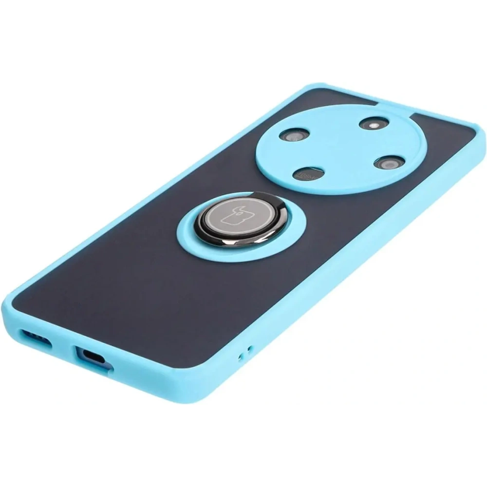 Etui z uchwytem na palec Bizon Case Hybrid Ring do Honor Magic6 Lite przydymione z jasnoniebieską ramką