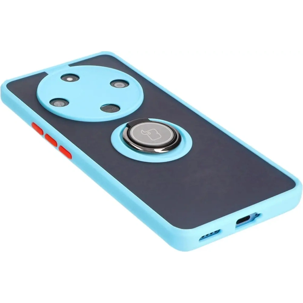 Etui z uchwytem na palec Bizon Case Hybrid Ring do Honor Magic6 Lite przydymione z jasnoniebieską ramką