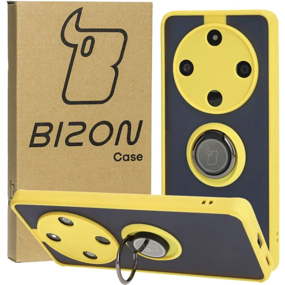 Etui z uchwytem na palec Bizon Case Hybrid Ring do Honor Magic6 Lite przydymione z żółtą ramką