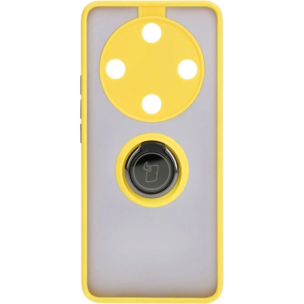 Etui z uchwytem na palec Bizon Case Hybrid Ring do Honor Magic6 Lite przydymione z żółtą ramką