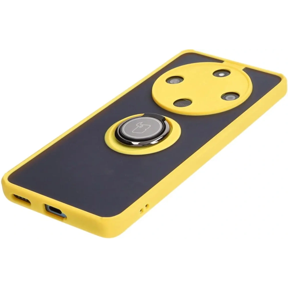 Etui z uchwytem na palec Bizon Case Hybrid Ring do Honor Magic6 Lite przydymione z żółtą ramką