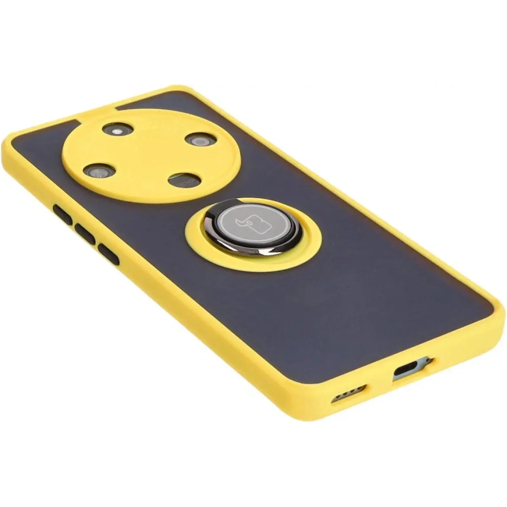 Etui z uchwytem na palec Bizon Case Hybrid Ring do Honor Magic6 Lite przydymione z żółtą ramką