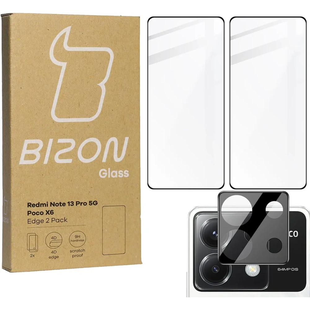 2x Szkło na ekran + szkło na aparat BIZON Edge do Xiaomi Poco X6 / Redmi Note 13 Pro 5G