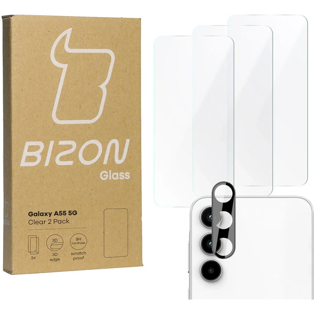 3x Szkło na ekran + szkło na aparat BIZON Clear do Samsung Galaxy A55 5G