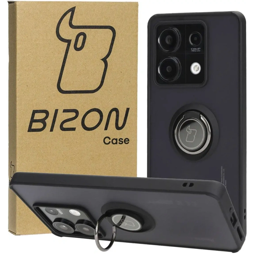 Etui z uchwytem na palec Bizon Case Hybrid Ring do Xiaomi Redmi Note 13 5G przydymione z czarną ramką