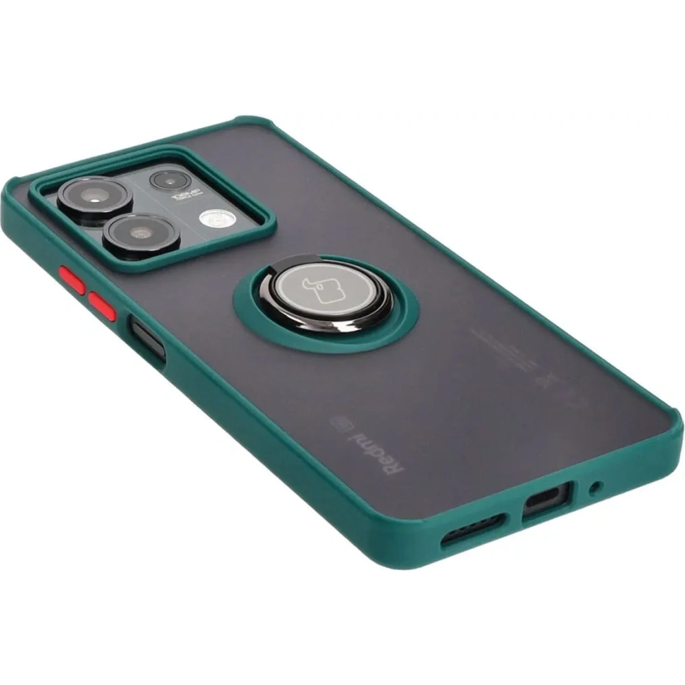 Etui z uchwytem na palec Bizon Case Hybrid Ring do Xiaomi Redmi Note 13 5G przydymione z ciemnozieloną ramką
