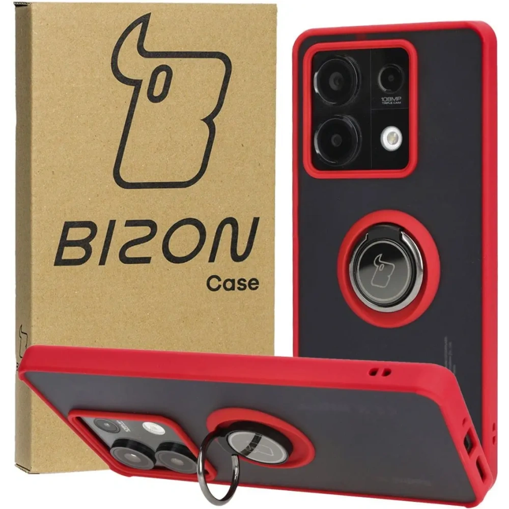 Etui z uchwytem na palec Bizon Case Hybrid Ring do Xiaomi Redmi Note 13 5G przydymione z czerwoną ramką