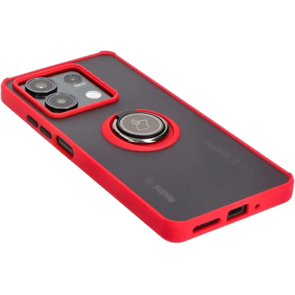 Etui z uchwytem na palec Bizon Case Hybrid Ring do Xiaomi Redmi Note 13 5G przydymione z czerwoną ramką