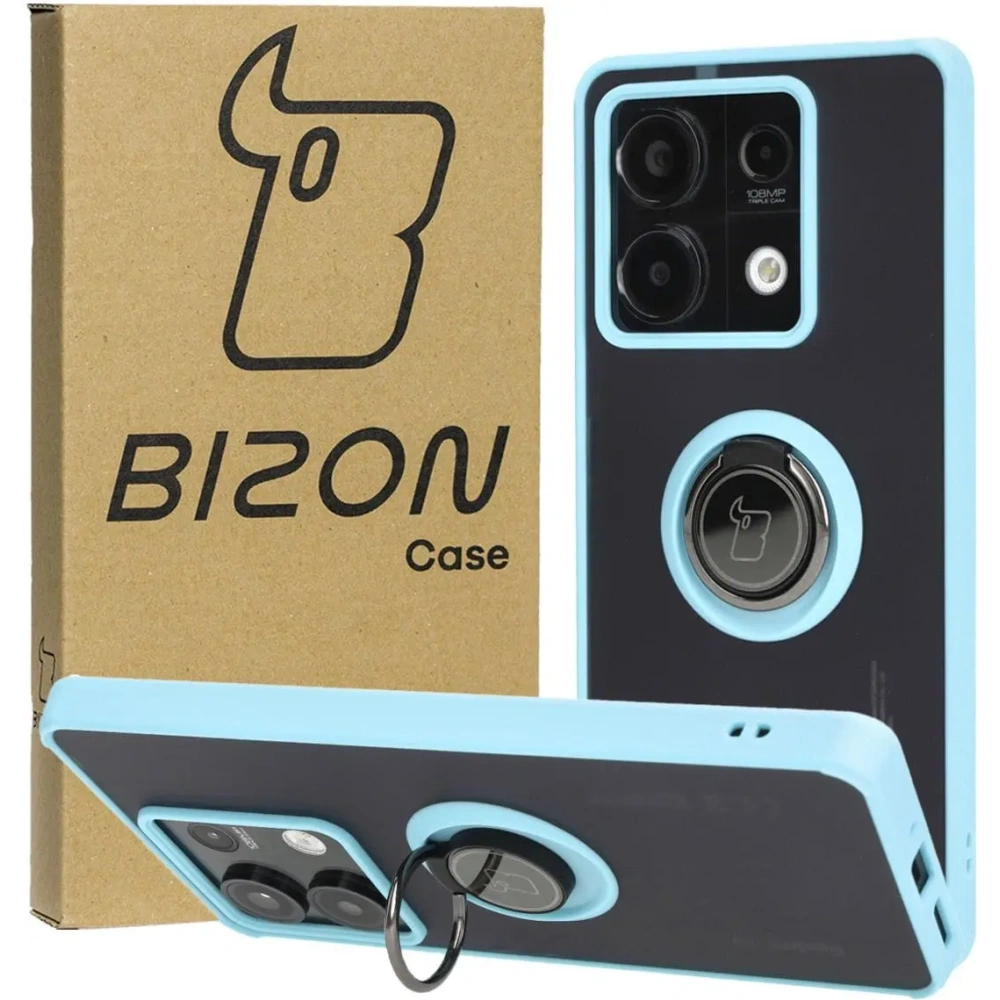 Etui z uchwytem na palec Bizon Case Hybrid Ring do Xiaomi Redmi Note 13 5G przydymione z jasnoniebieską ramką