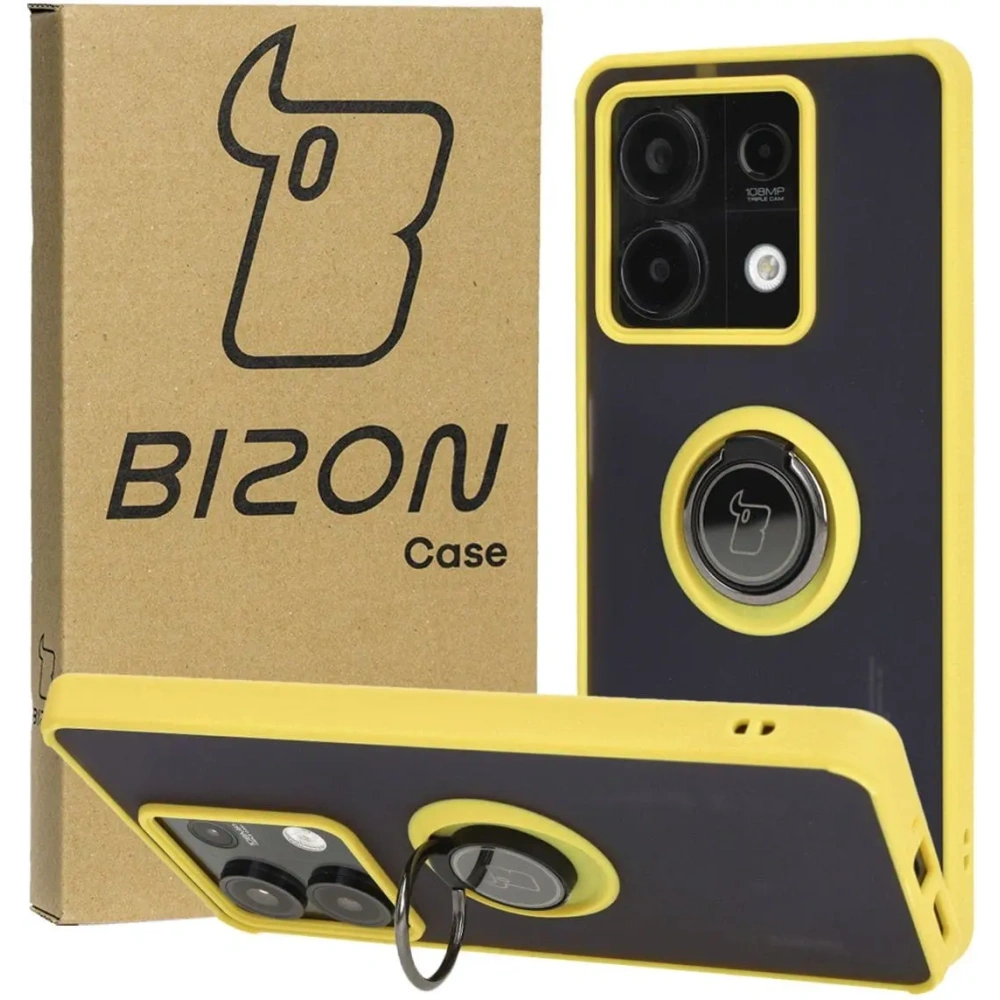 Etui z uchwytem na palec Bizon Case Hybrid Ring do Xiaomi Redmi Note 13 5G przydymione z żółtą ramką