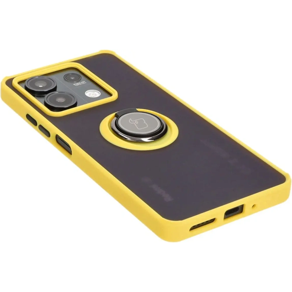 Etui z uchwytem na palec Bizon Case Hybrid Ring do Xiaomi Redmi Note 13 5G przydymione z żółtą ramką