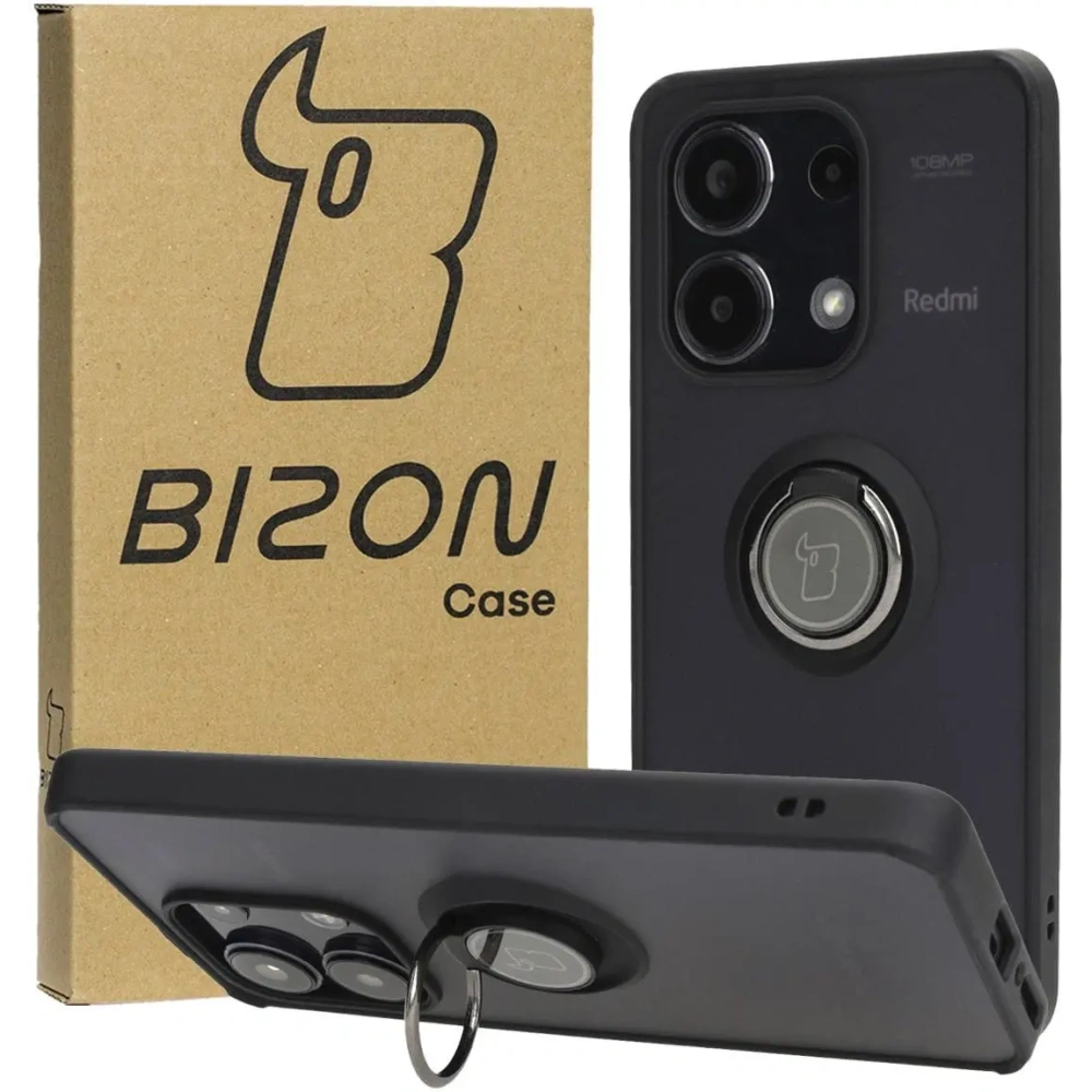 Etui z uchwytem na palec Bizon Case Hybrid Ring do Xiaomi Redmi Note 13 4G przydymione z czarną ramką