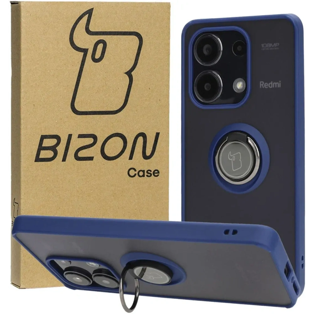 Etui z uchwytem na palec Bizon Case Hybrid Ring do Xiaomi Redmi Note 13 4G przydymione z granatową ramką