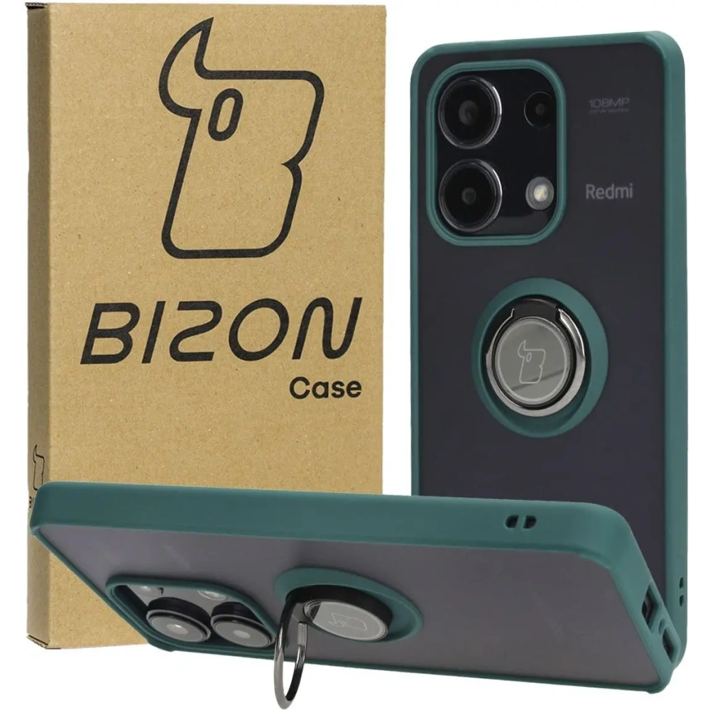 Etui z uchwytem na palec Bizon Case Hybrid Ring do Xiaomi Redmi Note 13 4G przydymione z ciemnozieloną ramką