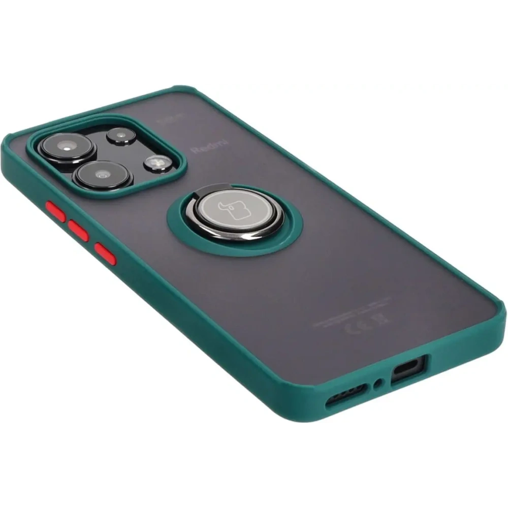 Etui z uchwytem na palec Bizon Case Hybrid Ring do Xiaomi Redmi Note 13 4G przydymione z ciemnozieloną ramką