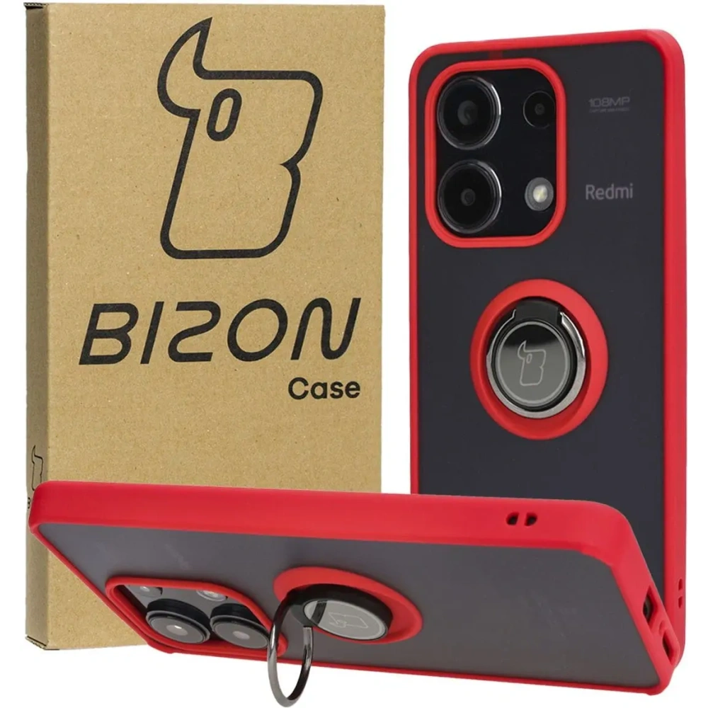 Etui z uchwytem na palec Bizon Case Hybrid Ring do Xiaomi Redmi Note 13 4G przydymione z czerwoną ramką