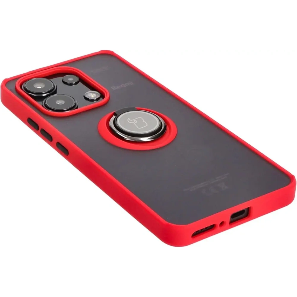 Etui z uchwytem na palec Bizon Case Hybrid Ring do Xiaomi Redmi Note 13 4G przydymione z czerwoną ramką