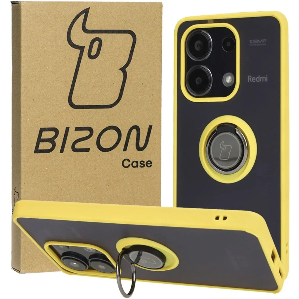 Etui z uchwytem na palec Bizon Case Hybrid Ring do Xiaomi Redmi Note 13 4G przydymione z żółtą ramką