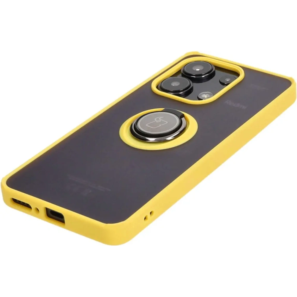 Etui z uchwytem na palec Bizon Case Hybrid Ring do Xiaomi Redmi Note 13 4G przydymione z żółtą ramką