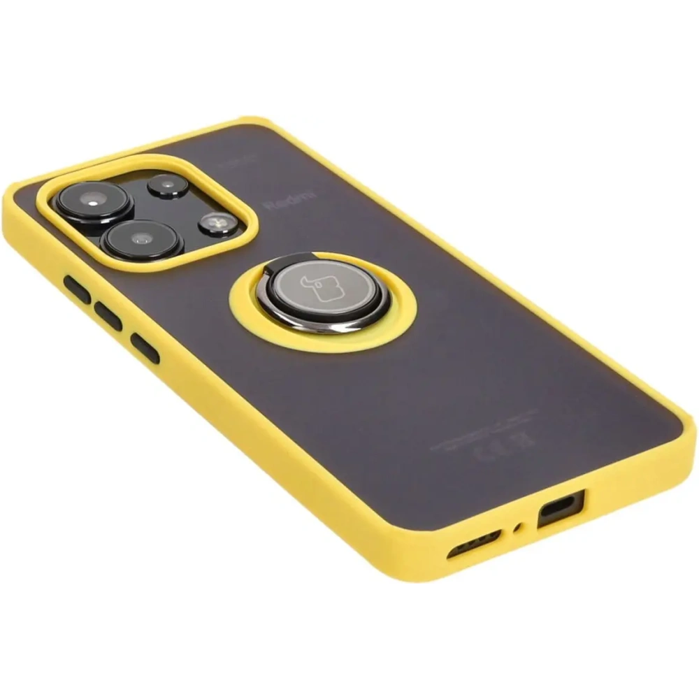 Etui z uchwytem na palec Bizon Case Hybrid Ring do Xiaomi Redmi Note 13 4G przydymione z żółtą ramką