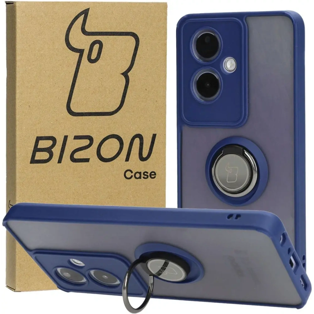 Etui z uchwytem na palec Bizon Case Hybrid Ring do Oppo A79 5G przydymione z granatową ramką