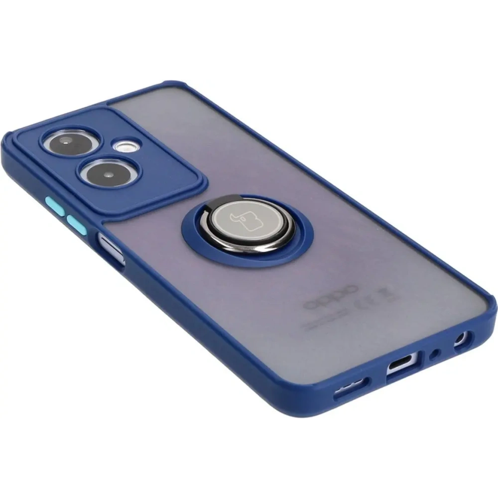 Etui z uchwytem na palec Bizon Case Hybrid Ring do Oppo A79 5G przydymione z granatową ramką