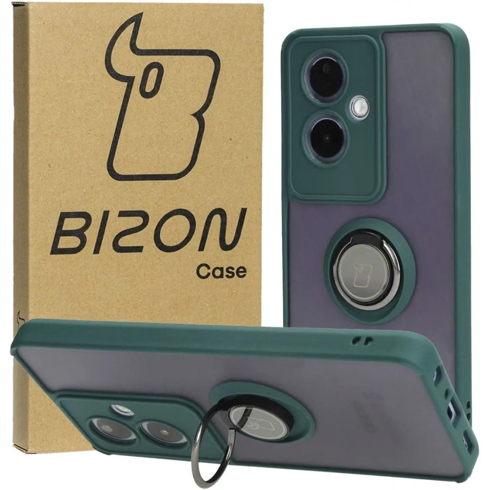Etui z uchwytem na palec Bizon Case Hybrid Ring do Oppo A79 5G przydymione z ciemnozieloną ramką